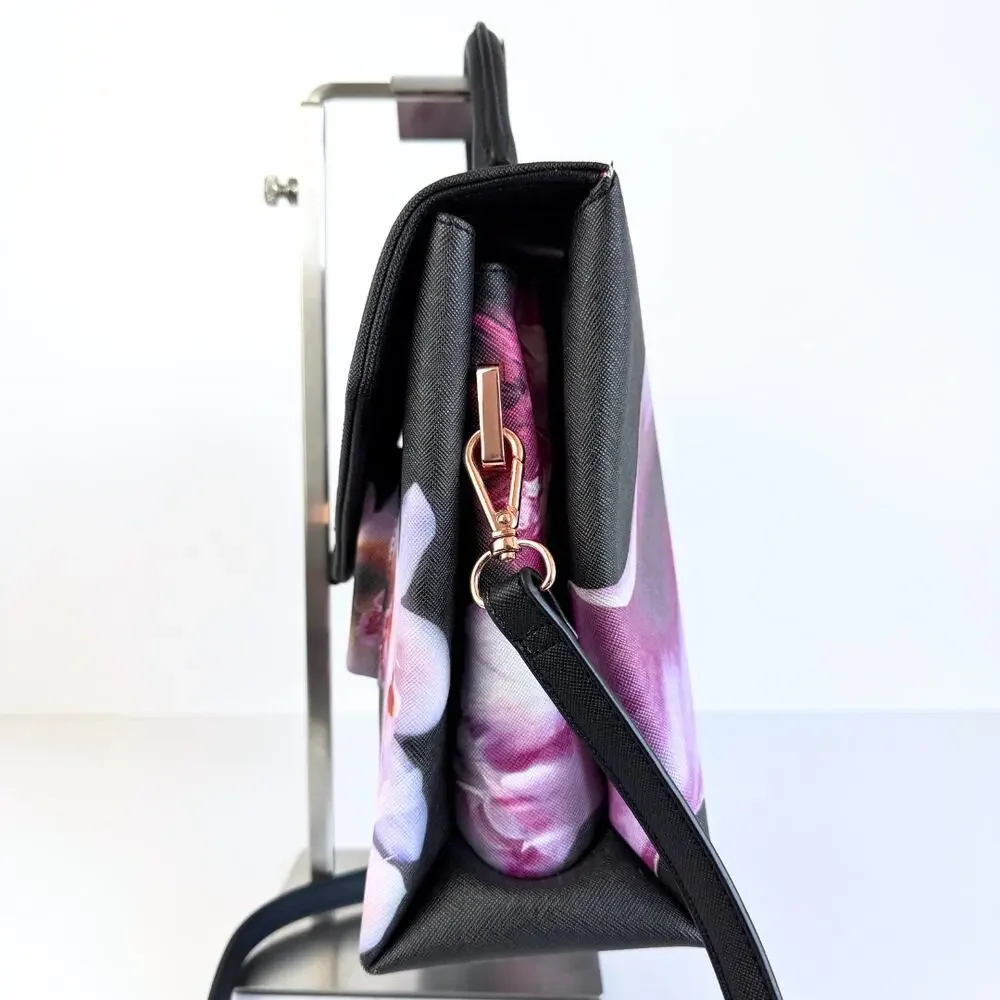 Ted Baker Opulent Bloom Satchel Crossbody Bag Black Floral Rose Gold Hardware